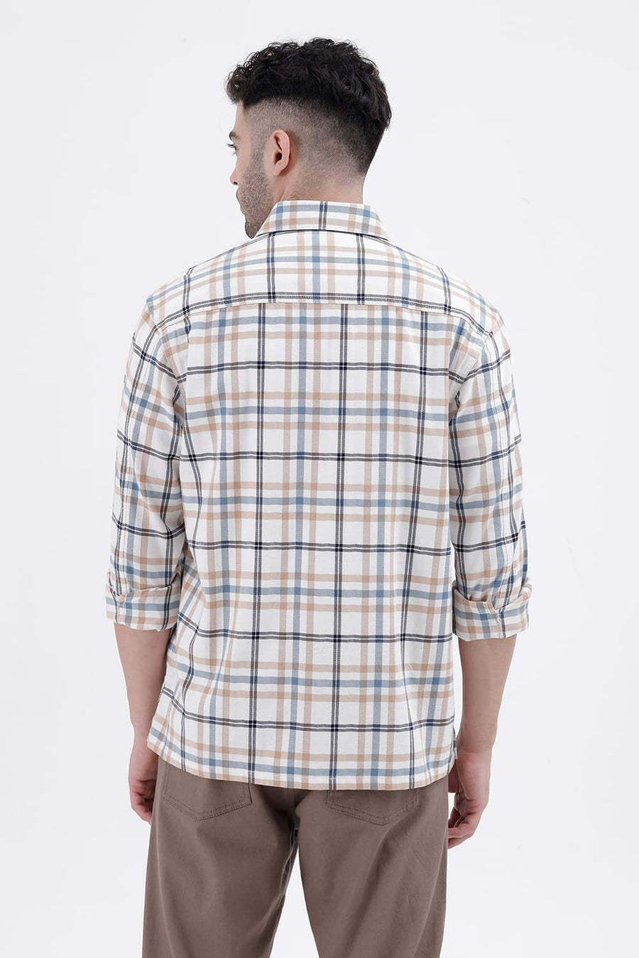 BASICS RELAXED FIT CYANEUS ECRU COTTON DOBBY CHECKS OVER SHIRT