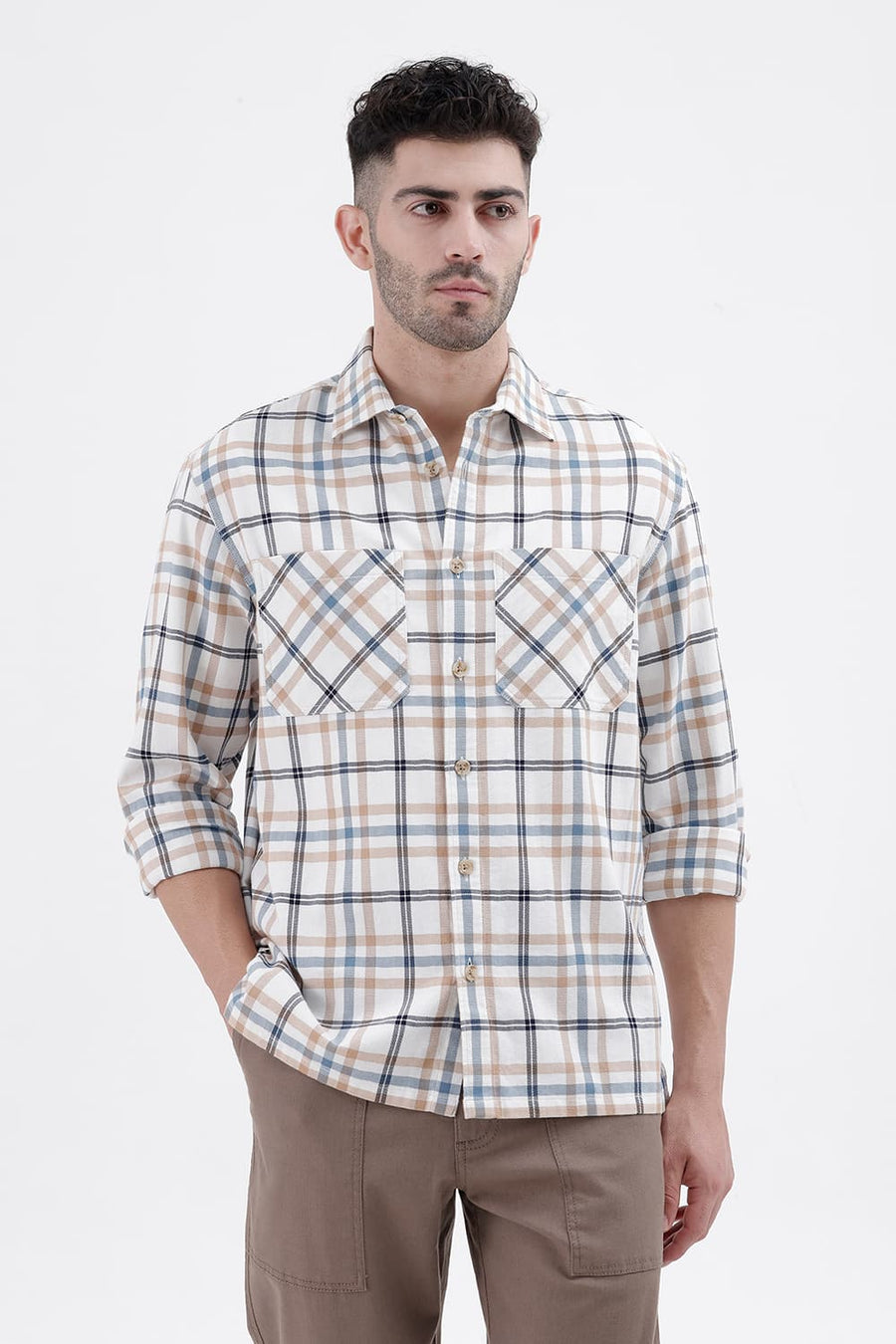 BASICS RELAXED FIT CYANEUS ECRU COTTON DOBBY CHECKS OVER SHIRT