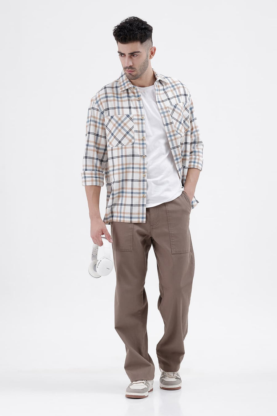 BASICS RELAXED FIT CYANEUS ECRU COTTON DOBBY CHECKS OVER SHIRT