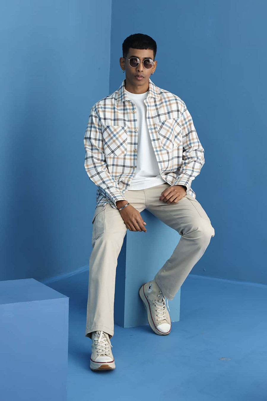 Basics Relaxed Fit Cyaneus Ecru Cotton Dobby Checks Over Shirt