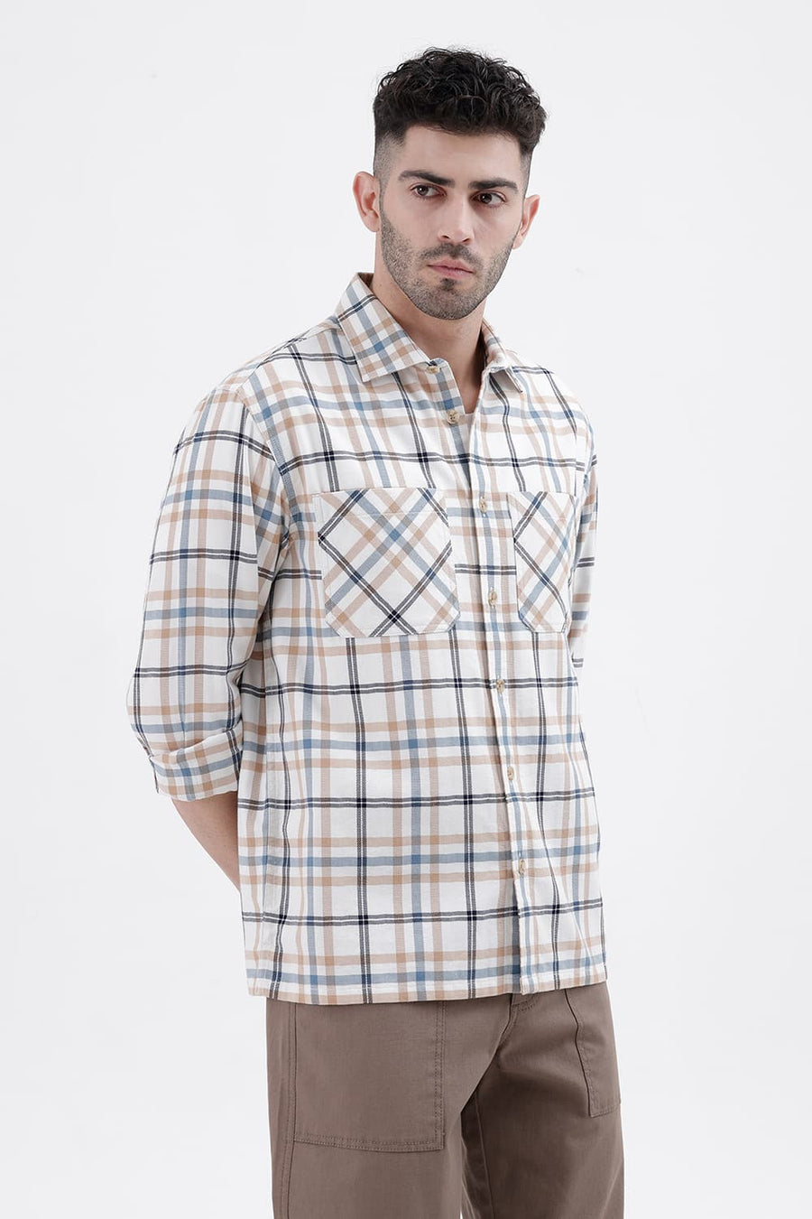 BASICS RELAXED FIT CYANEUS ECRU COTTON DOBBY CHECKS OVER SHIRT