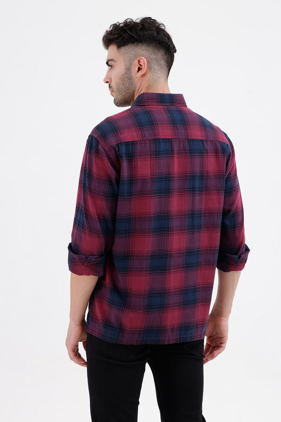 BASICS RELAXED FIT DRY WINE COTTON BRUSHED TWILL CHECKS OVER SHIRT