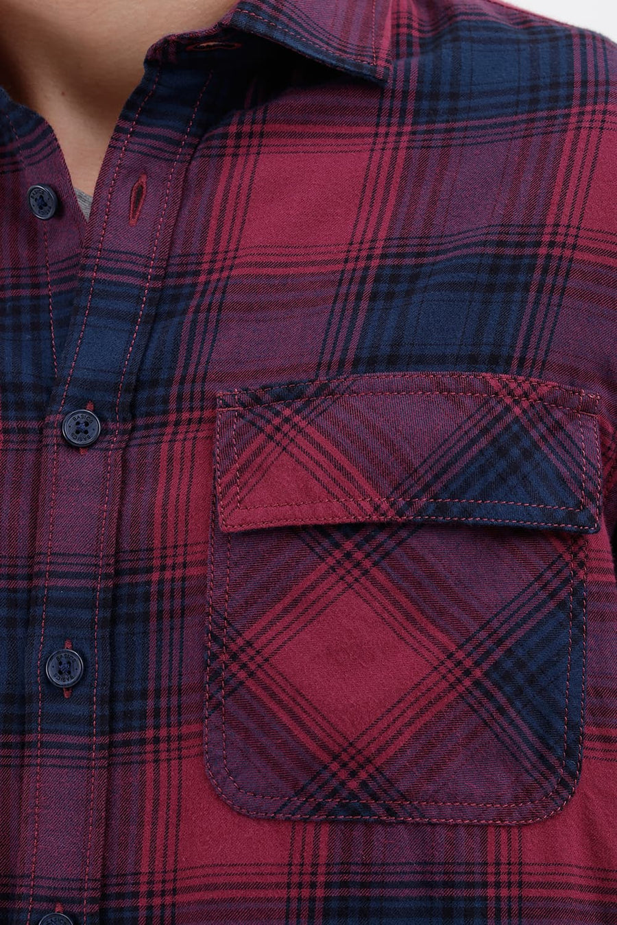 BASICS RELAXED FIT DRY WINE COTTON BRUSHED TWILL CHECKS OVER SHIRT