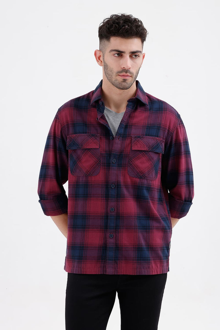 BASICS RELAXED FIT DRY WINE COTTON BRUSHED TWILL CHECKS OVER SHIRT
