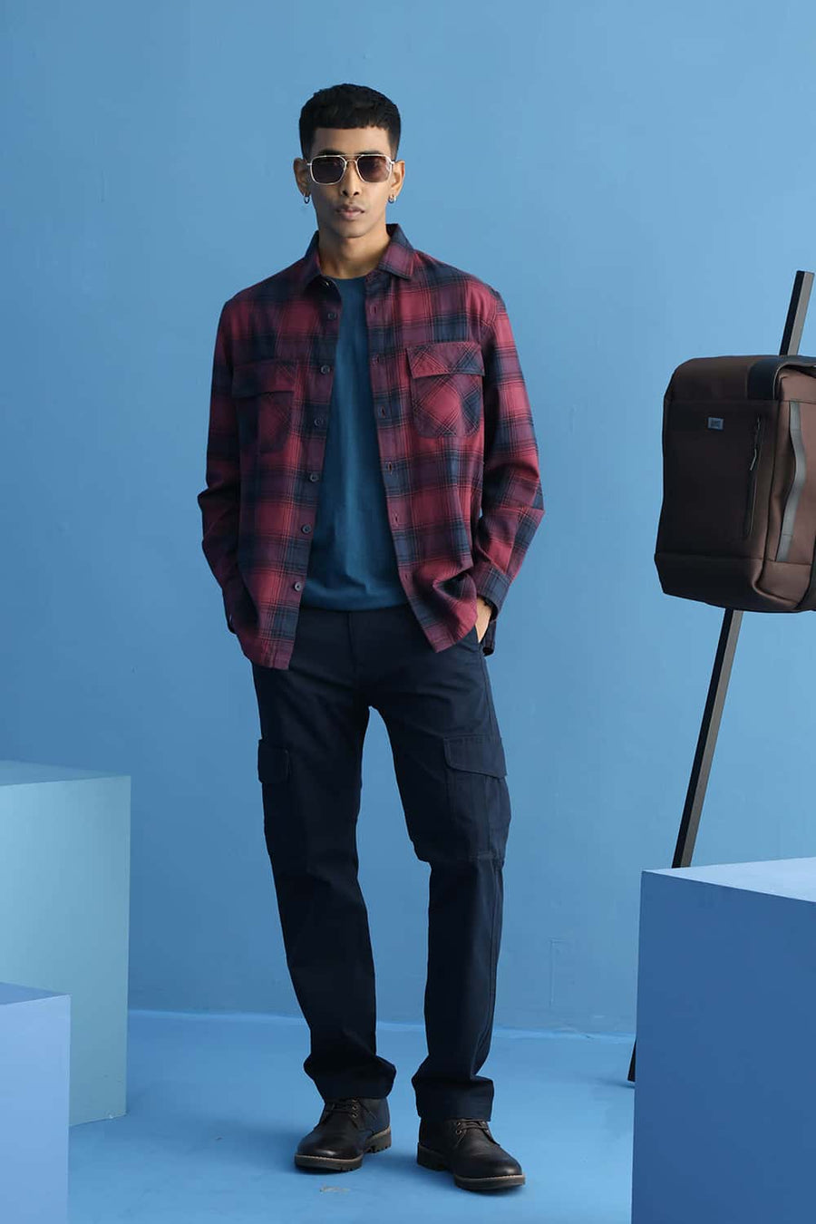 Basics Relaxed Fit Dry Wine Cotton Brushed Twill Checks Over Shirt