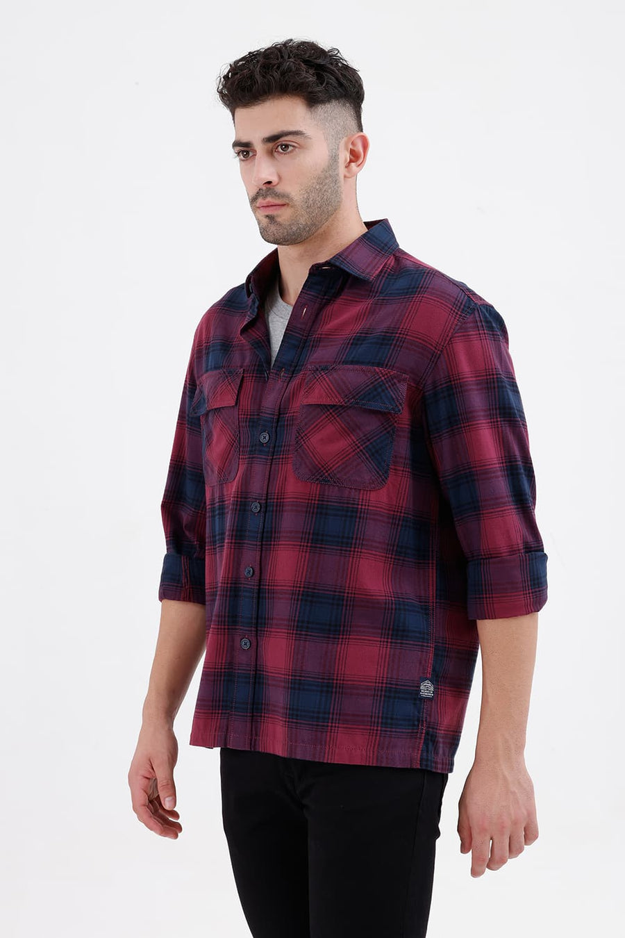 BASICS RELAXED FIT DRY WINE COTTON BRUSHED TWILL CHECKS OVER SHIRT