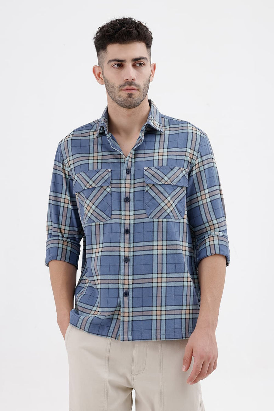 BASICS RELAXED FIT BLUE HARBOR COTTON BRUSHED TWILL CHECKS OVER SHIRT