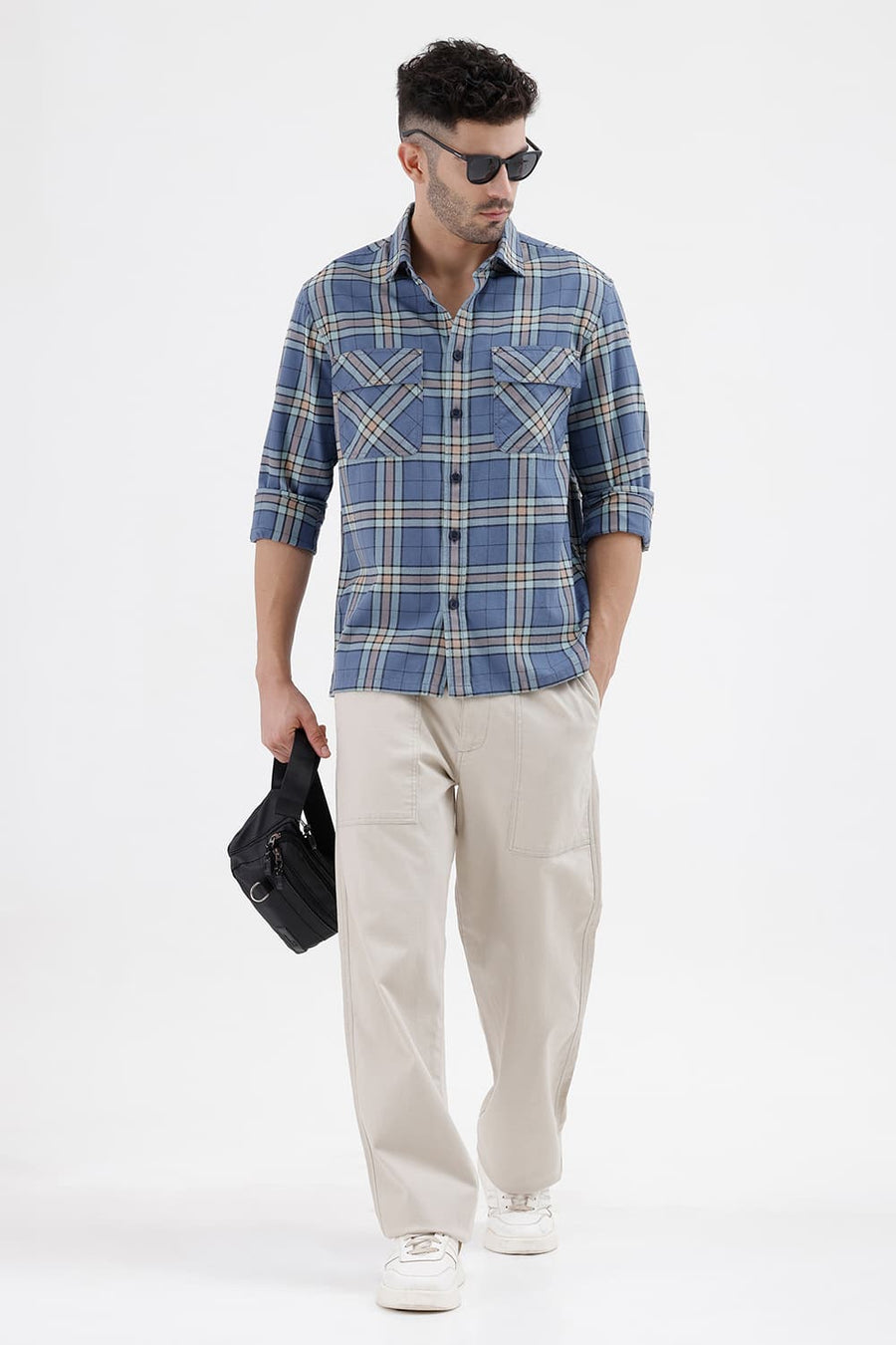 BASICS RELAXED FIT BLUE HARBOR COTTON BRUSHED TWILL CHECKS OVER SHIRT