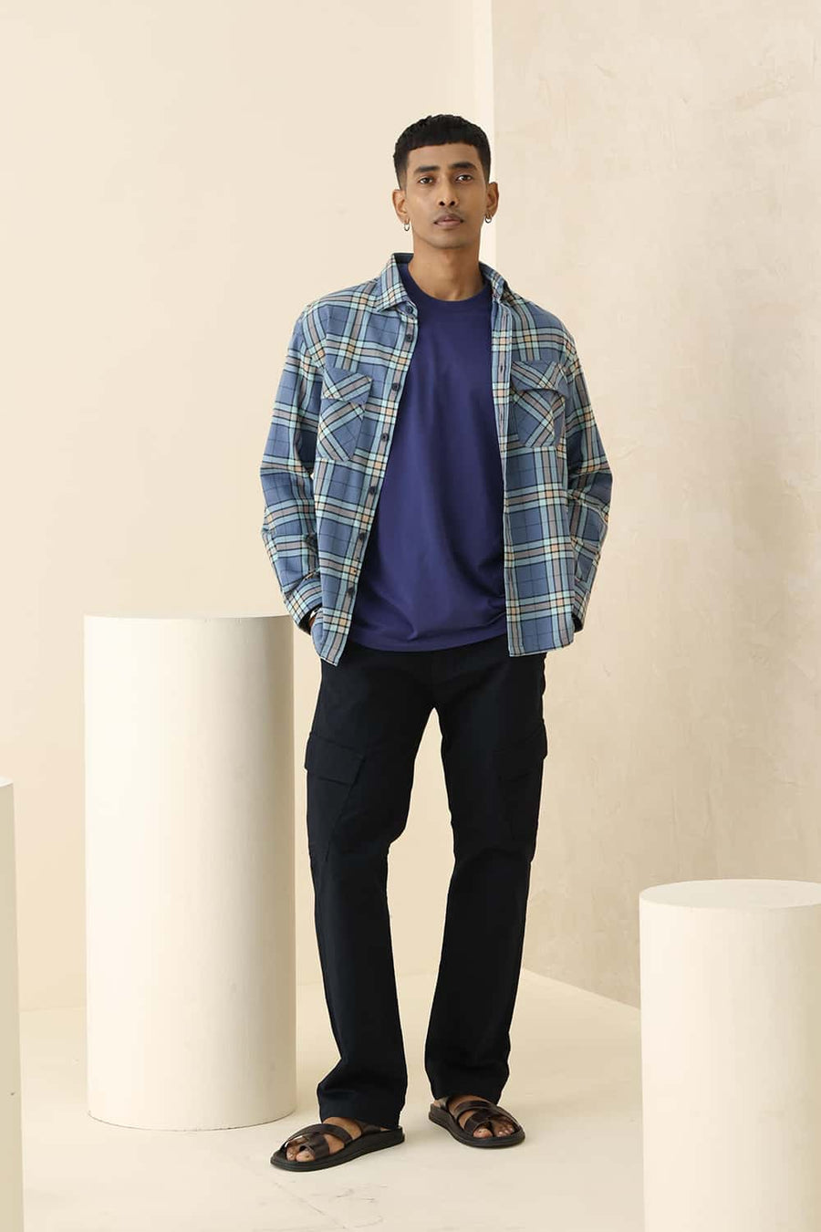 Basics Relaxed Fit Blue Harbor Cotton Brushed Twill Checks Over Shirt