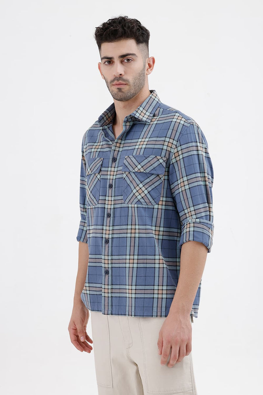 BASICS RELAXED FIT BLUE HARBOR COTTON BRUSHED TWILL CHECKS OVER SHIRT