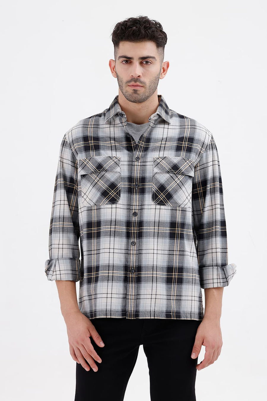 BASICS RELAXED FIT BEIGE ONYX COTTON BRUSHED TWILL CHECKS OVER SHIRT