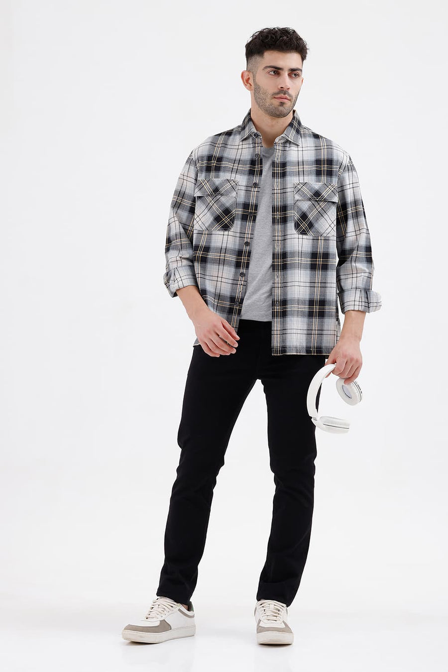 BASICS RELAXED FIT BEIGE ONYX COTTON BRUSHED TWILL CHECKS OVER SHIRT