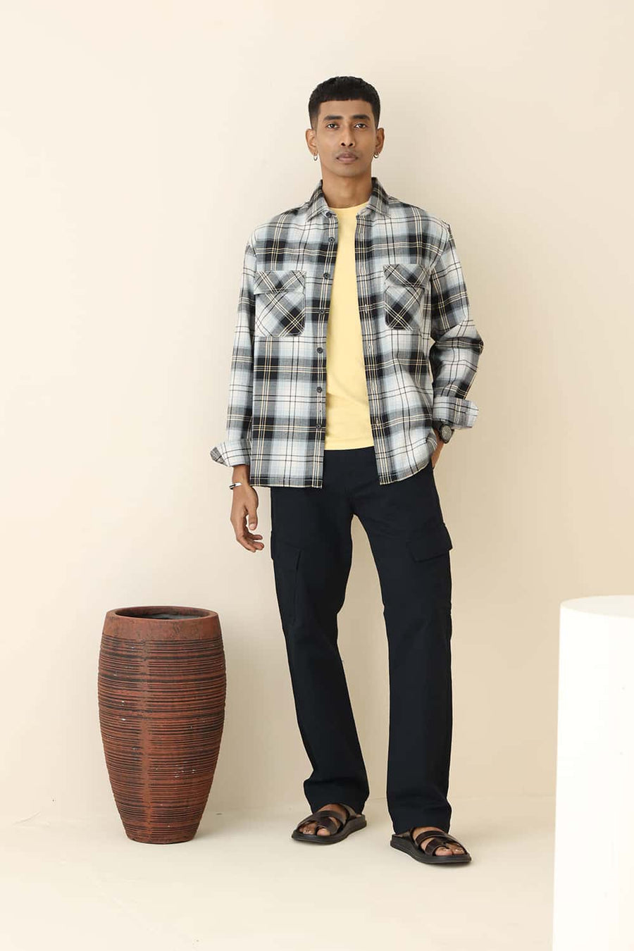 Basics Relaxed Fit Beige Onyx Cotton Brushed Twill Checks Over Shirt