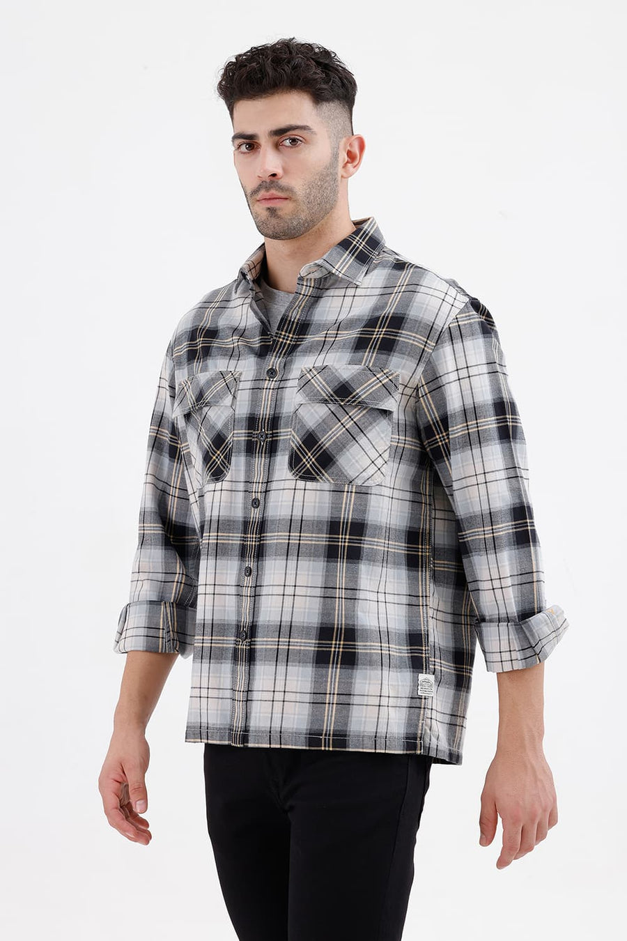 BASICS RELAXED FIT BEIGE ONYX COTTON BRUSHED TWILL CHECKS OVER SHIRT