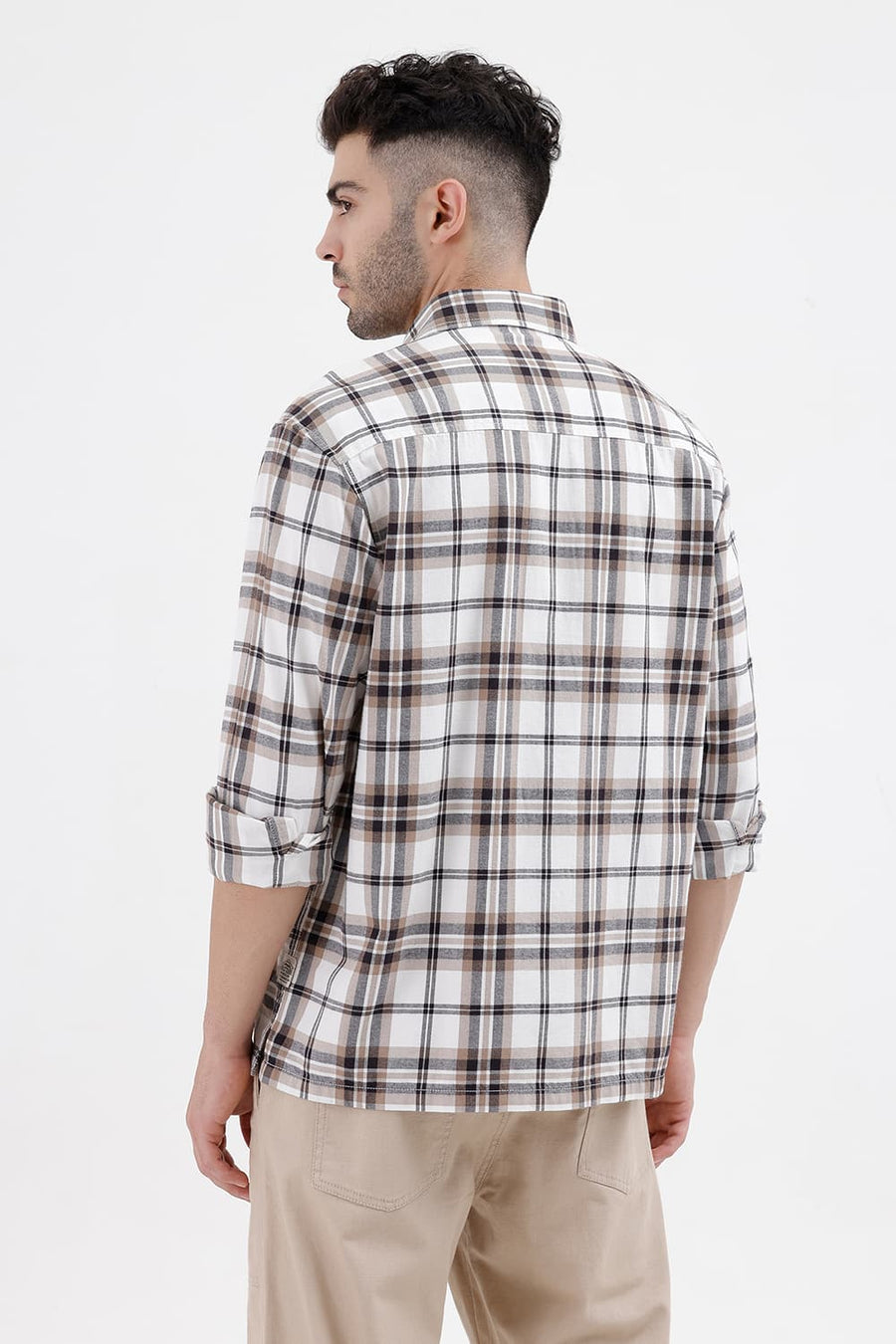 BASICS RELAXED FIT BRIGHT WHITE COTTON BRUSHED TWILL CHECKS OVER SHIRT