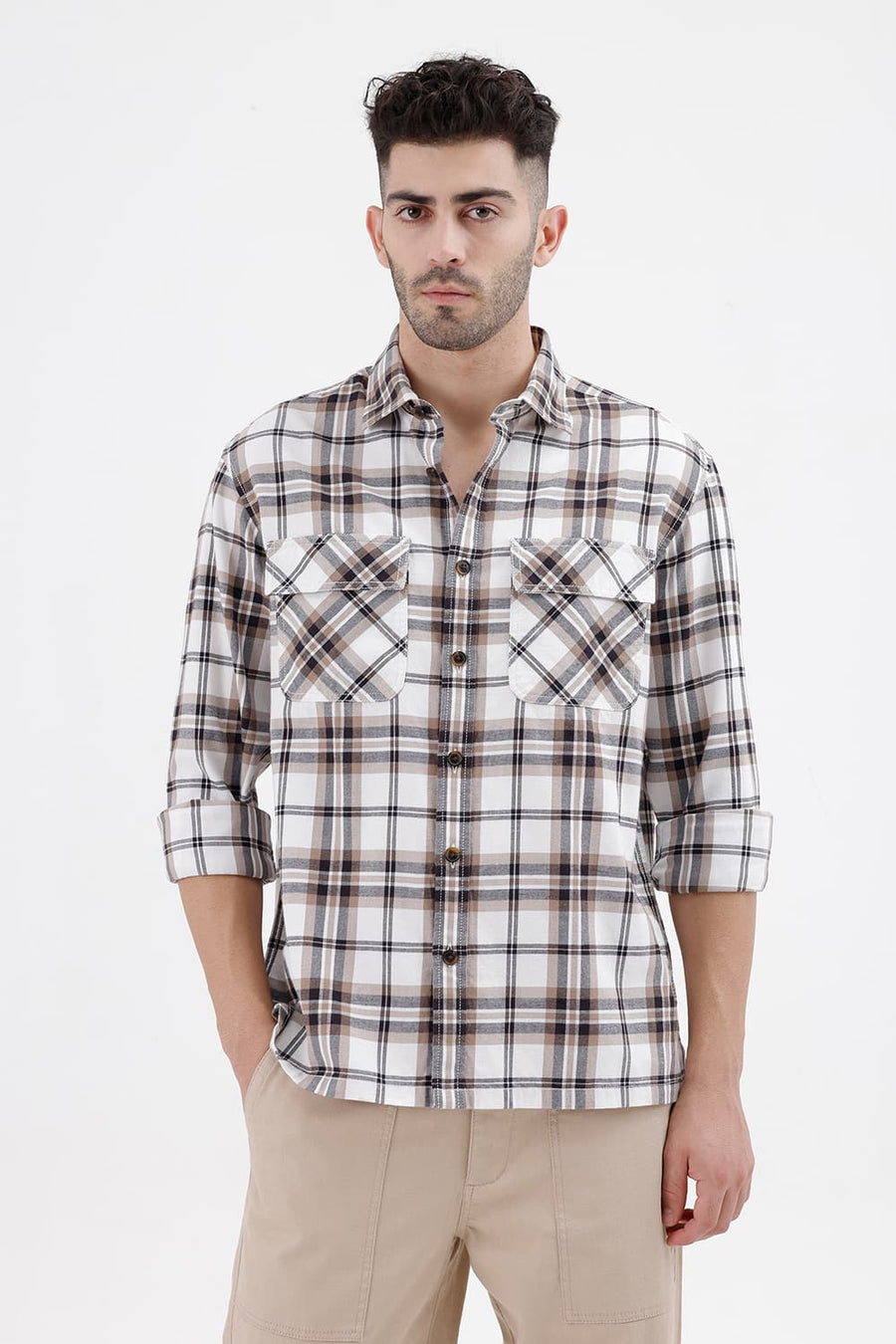 BASICS RELAXED FIT BRIGHT WHITE COTTON BRUSHED TWILL CHECKS OVER SHIRT