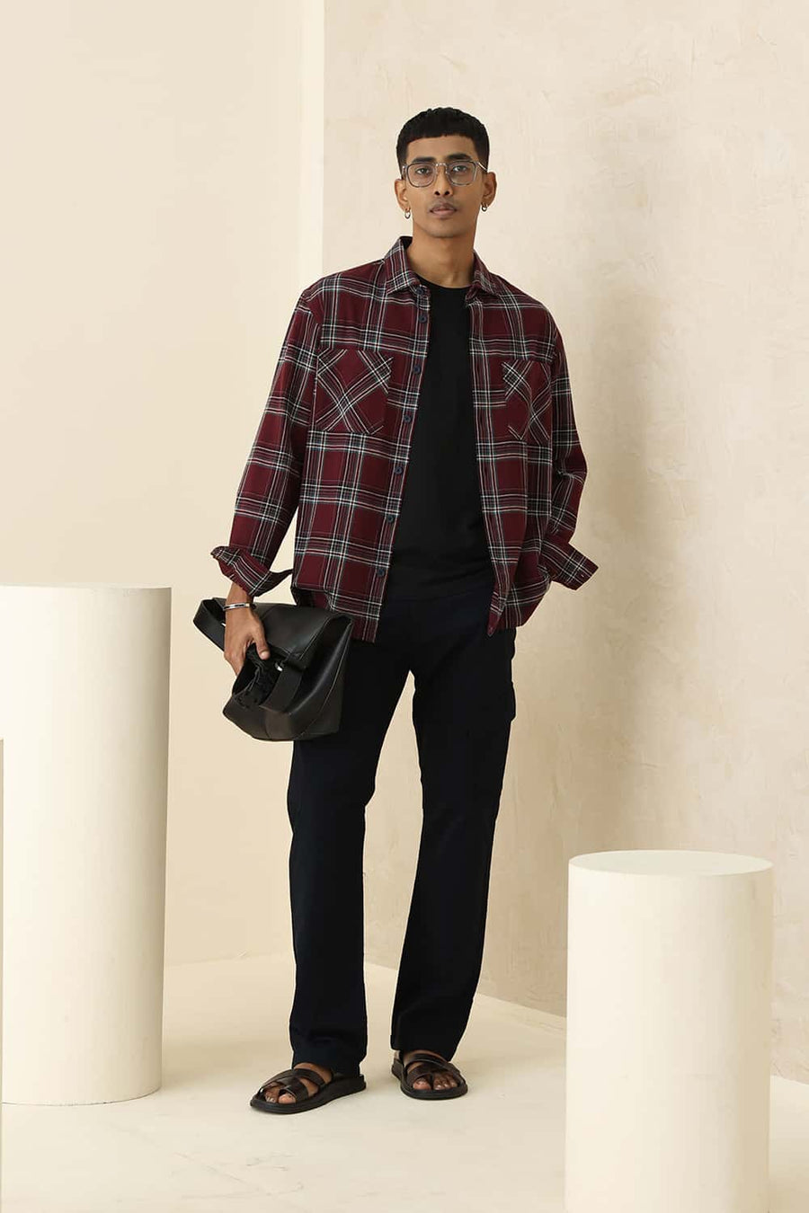 Basics Relaxed Fit Bright White Cotton Brushed Twill Checks Over Shirt