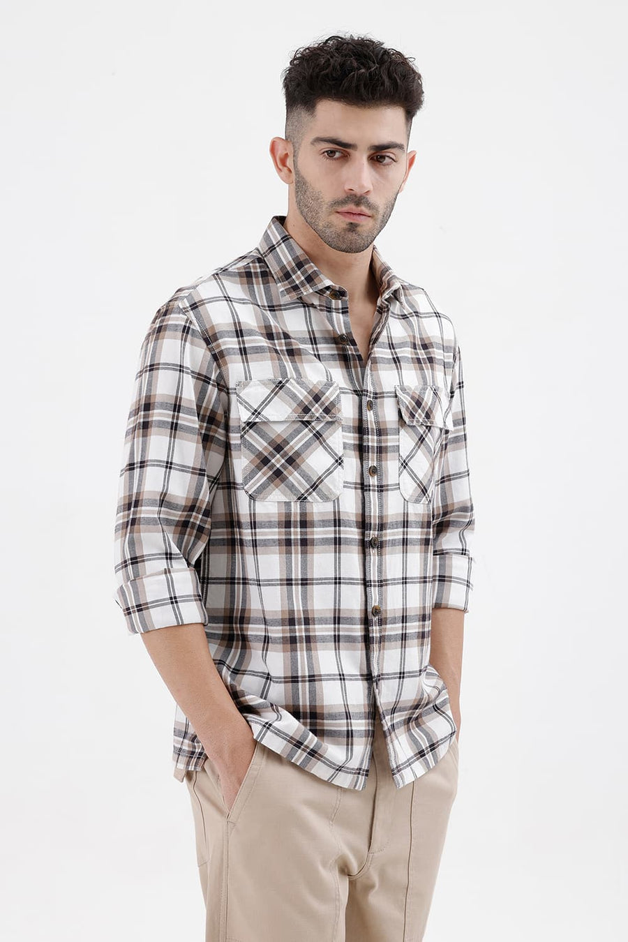 BASICS RELAXED FIT BRIGHT WHITE COTTON BRUSHED TWILL CHECKS OVER SHIRT