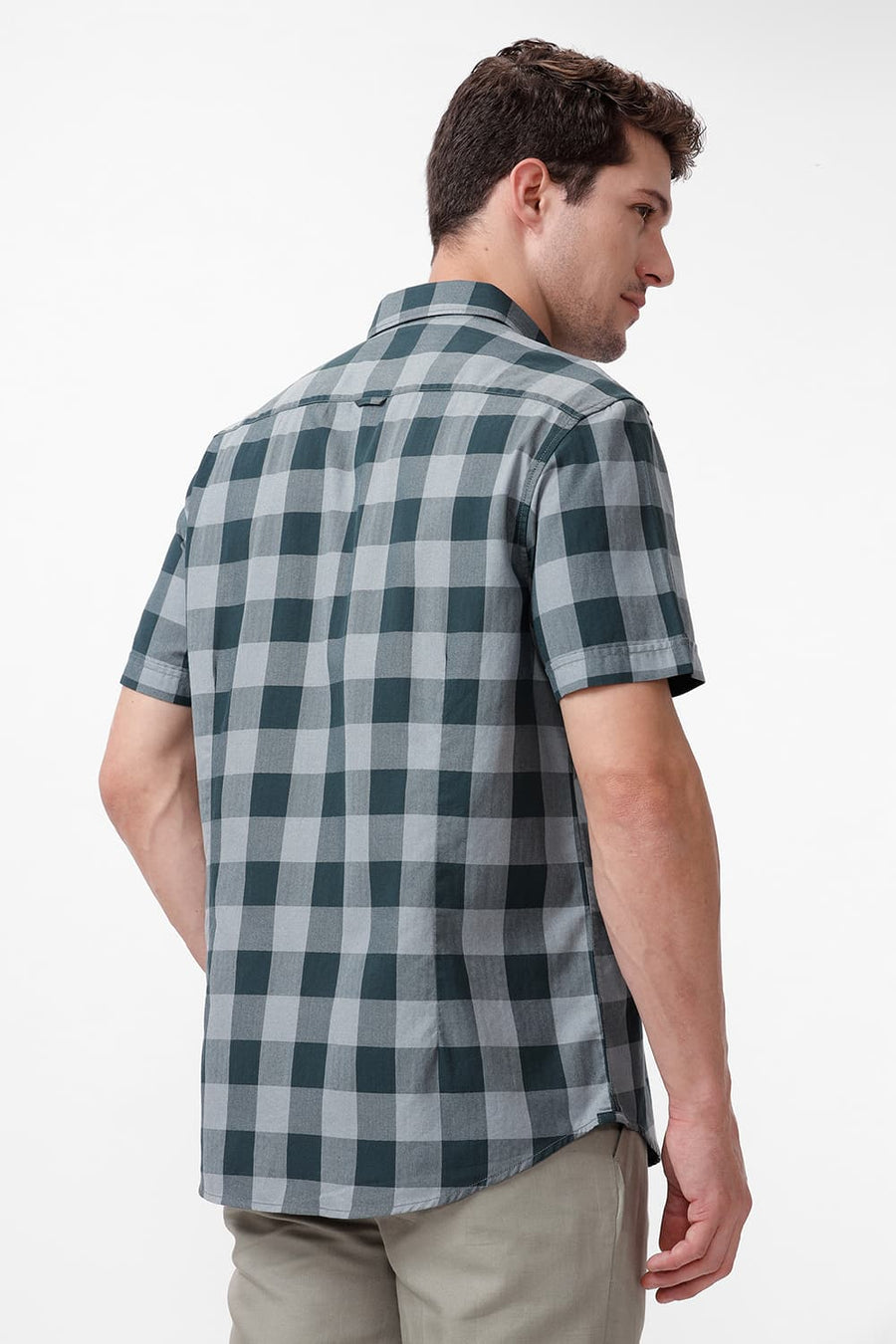 BASICS SLIM FIT JUNGLE GREEN COTTON GRINDLE CHECKS HALFSLEEVES SHIRT