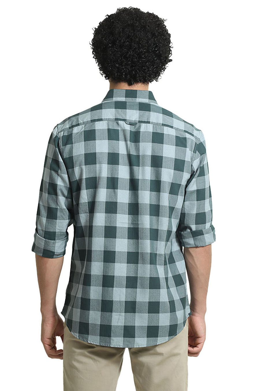 BASICS SLIM FIT JUNGLE GREEN COTTON GRINDLE CHECKS SHIRT