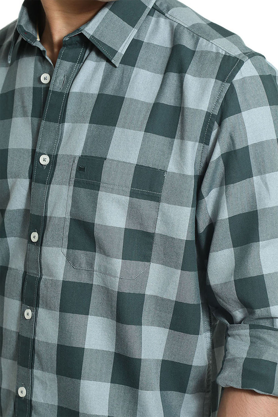 BASICS SLIM FIT JUNGLE GREEN COTTON GRINDLE CHECKS SHIRT
