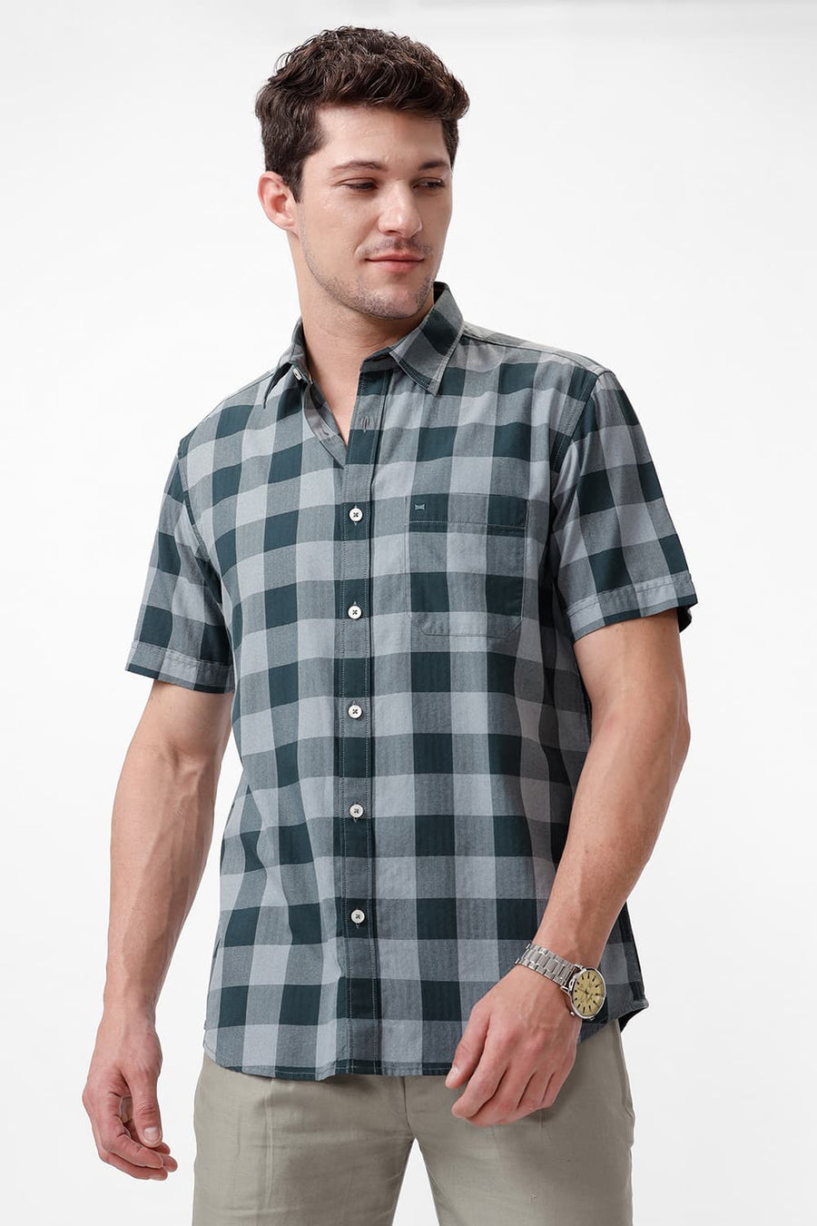 BASICS SLIM FIT JUNGLE GREEN COTTON GRINDLE CHECKS HALFSLEEVES SHIRT