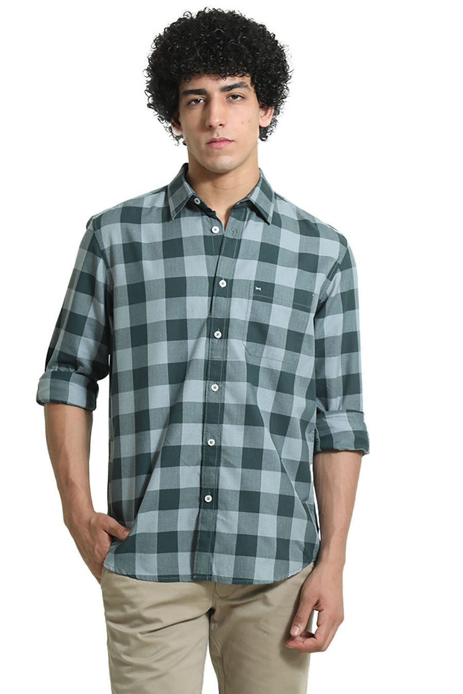 BASICS SLIM FIT JUNGLE GREEN COTTON GRINDLE CHECKS SHIRT