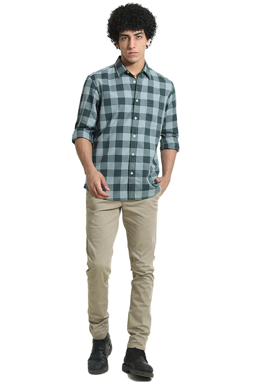 BASICS SLIM FIT JUNGLE GREEN COTTON GRINDLE CHECKS SHIRT