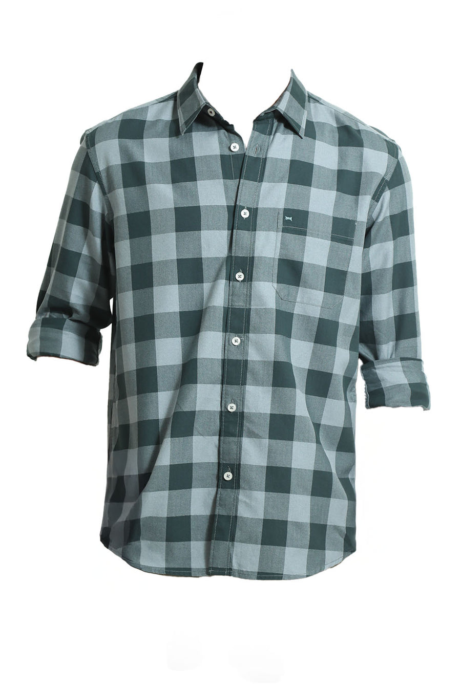 BASICS SLIM FIT JUNGLE GREEN COTTON GRINDLE CHECKS SHIRT