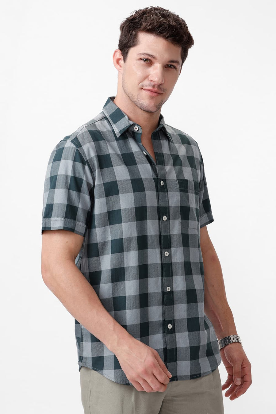 BASICS SLIM FIT JUNGLE GREEN COTTON GRINDLE CHECKS HALFSLEEVES SHIRT