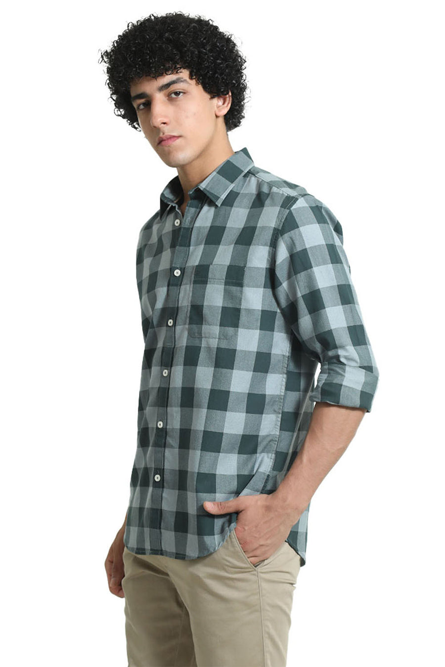 BASICS SLIM FIT JUNGLE GREEN COTTON GRINDLE CHECKS SHIRT