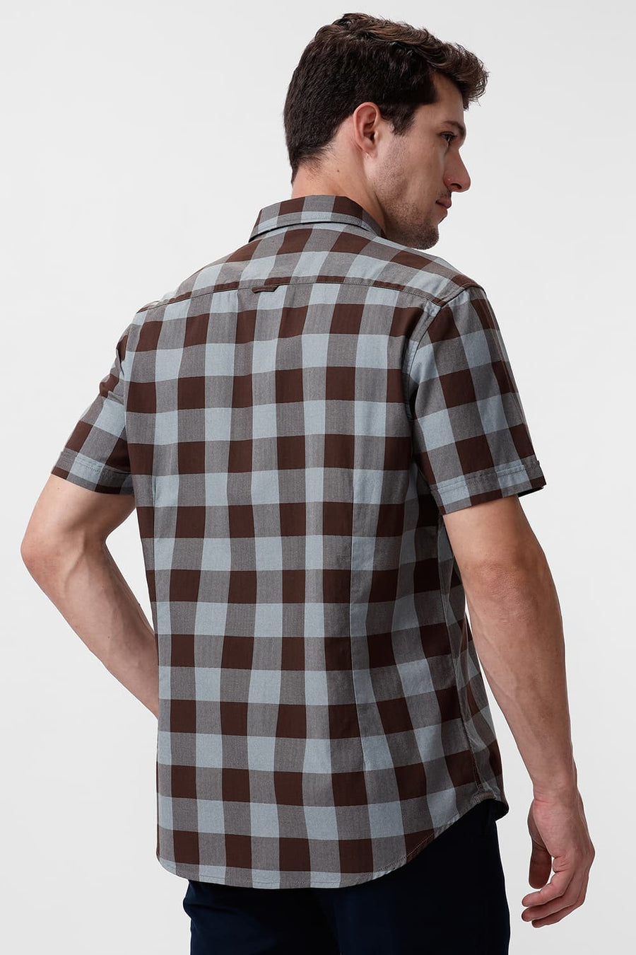 BASICS SLIM FIT CHESTNUT BROWN COTTON GRINDLE CHECKS HALFSLEEVES SHIRT