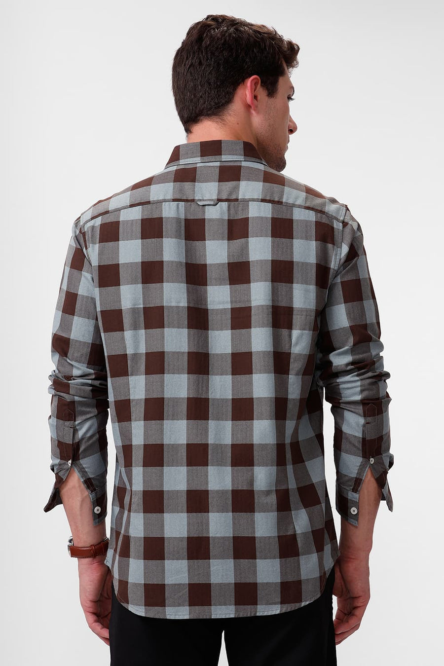 BASICS SLIM FIT CHESTNUT BROWN COTTON GRINDLE CHECKS SHIRT