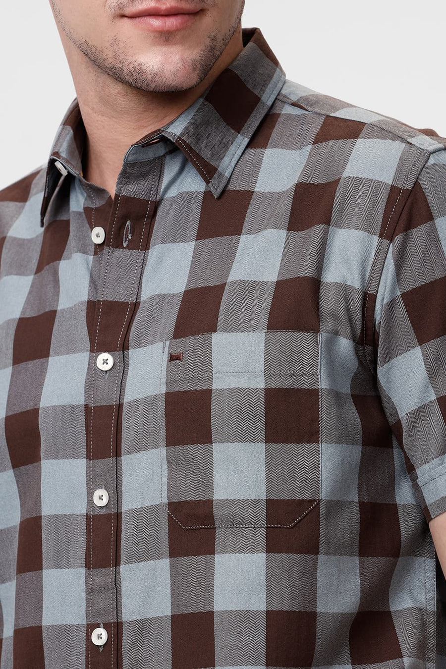 BASICS SLIM FIT CHESTNUT BROWN COTTON GRINDLE CHECKS HALFSLEEVES SHIRT