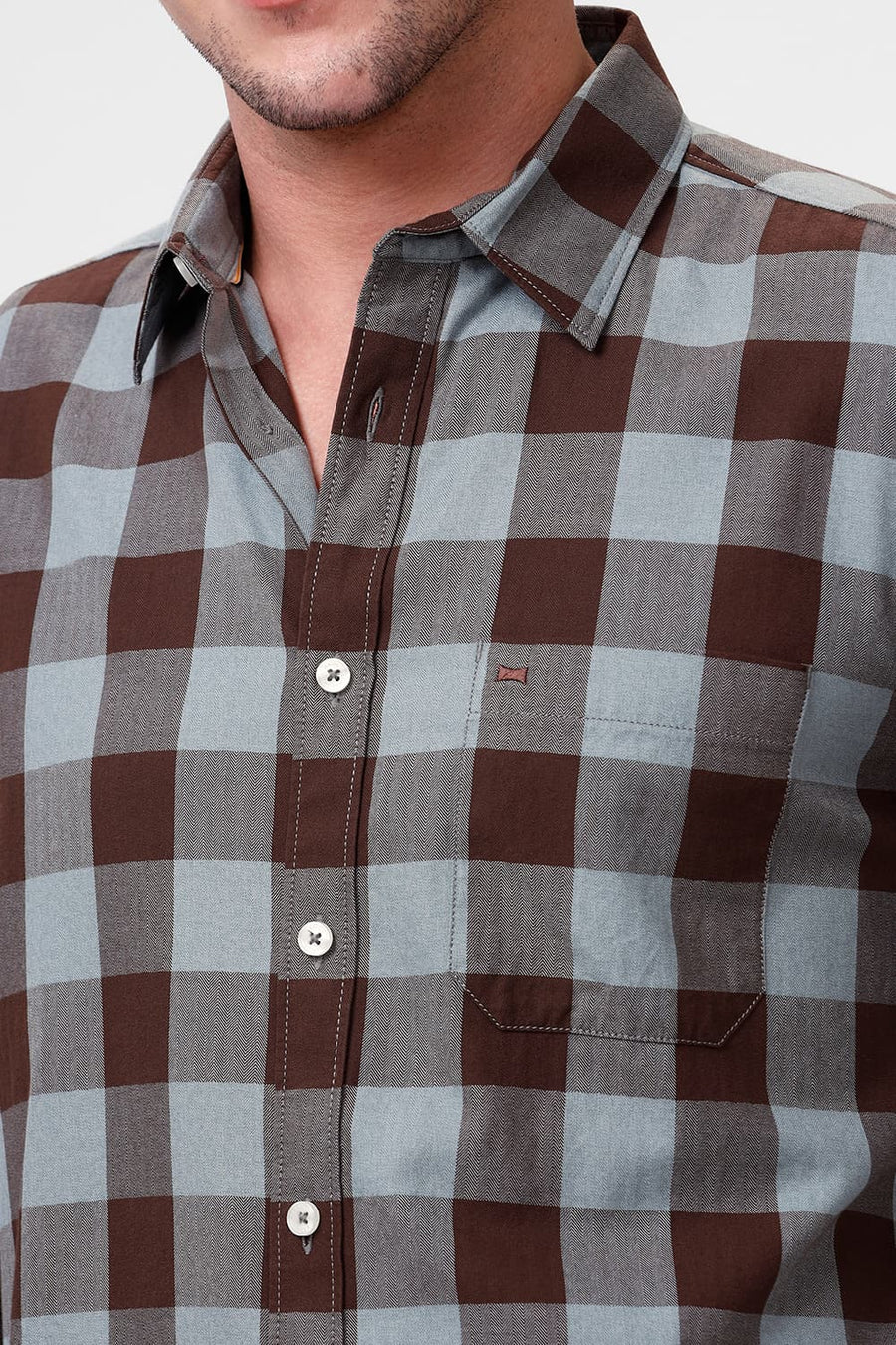 BASICS SLIM FIT CHESTNUT BROWN COTTON GRINDLE CHECKS SHIRT