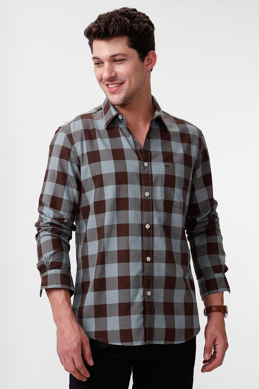 BASICS SLIM FIT CHESTNUT BROWN COTTON GRINDLE CHECKS SHIRT