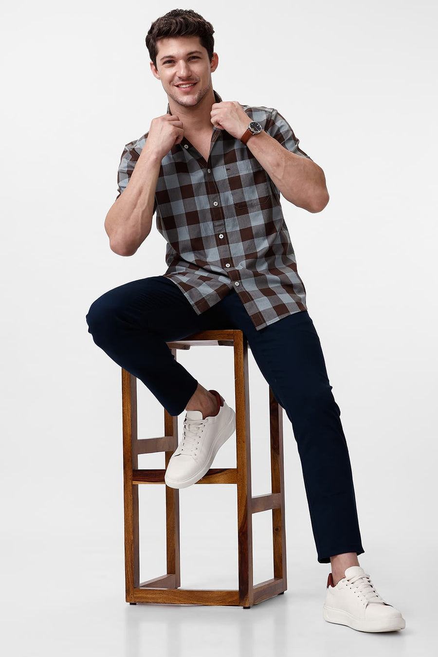 BASICS SLIM FIT CHESTNUT BROWN COTTON GRINDLE CHECKS HALFSLEEVES SHIRT