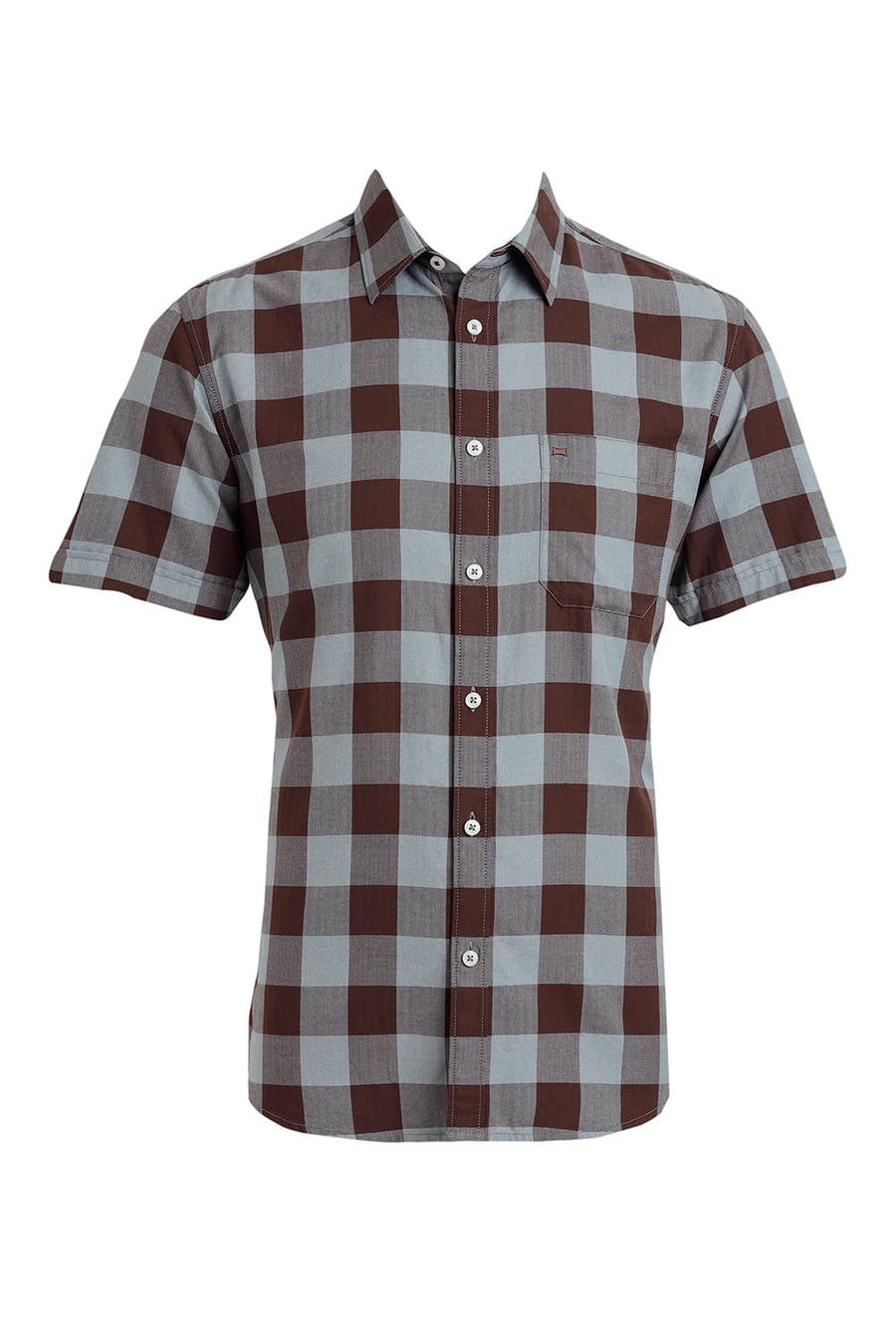 BASICS SLIM FIT CHESTNUT BROWN COTTON GRINDLE CHECKS HALFSLEEVES SHIRT