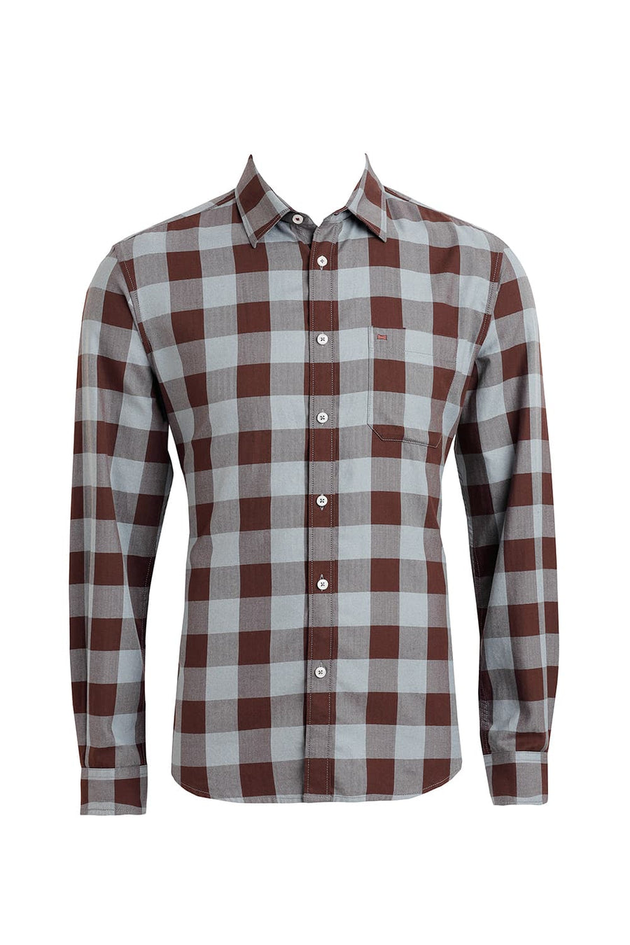 BASICS SLIM FIT CHESTNUT BROWN COTTON GRINDLE CHECKS SHIRT