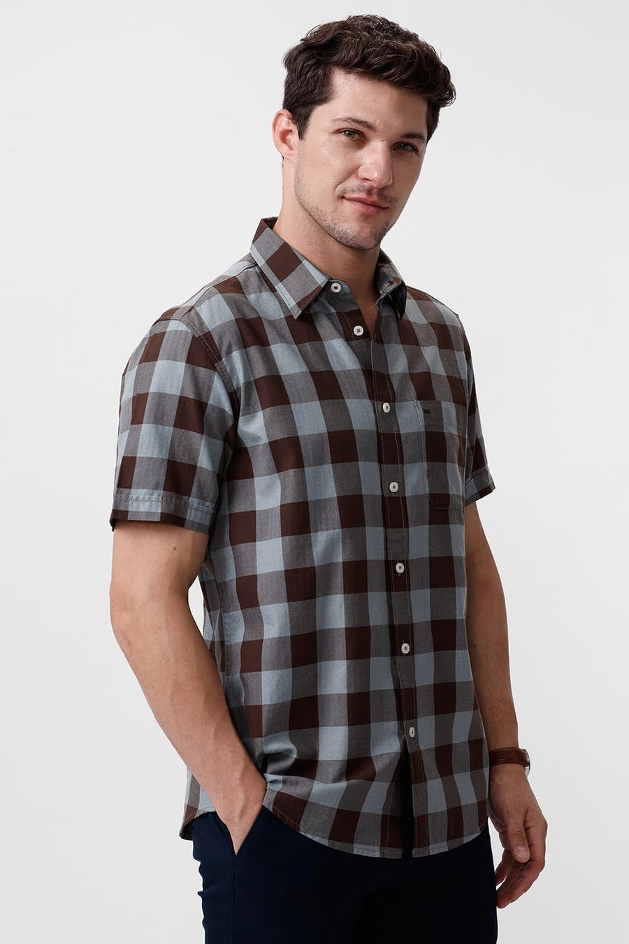 BASICS SLIM FIT CHESTNUT BROWN COTTON GRINDLE CHECKS HALFSLEEVES SHIRT