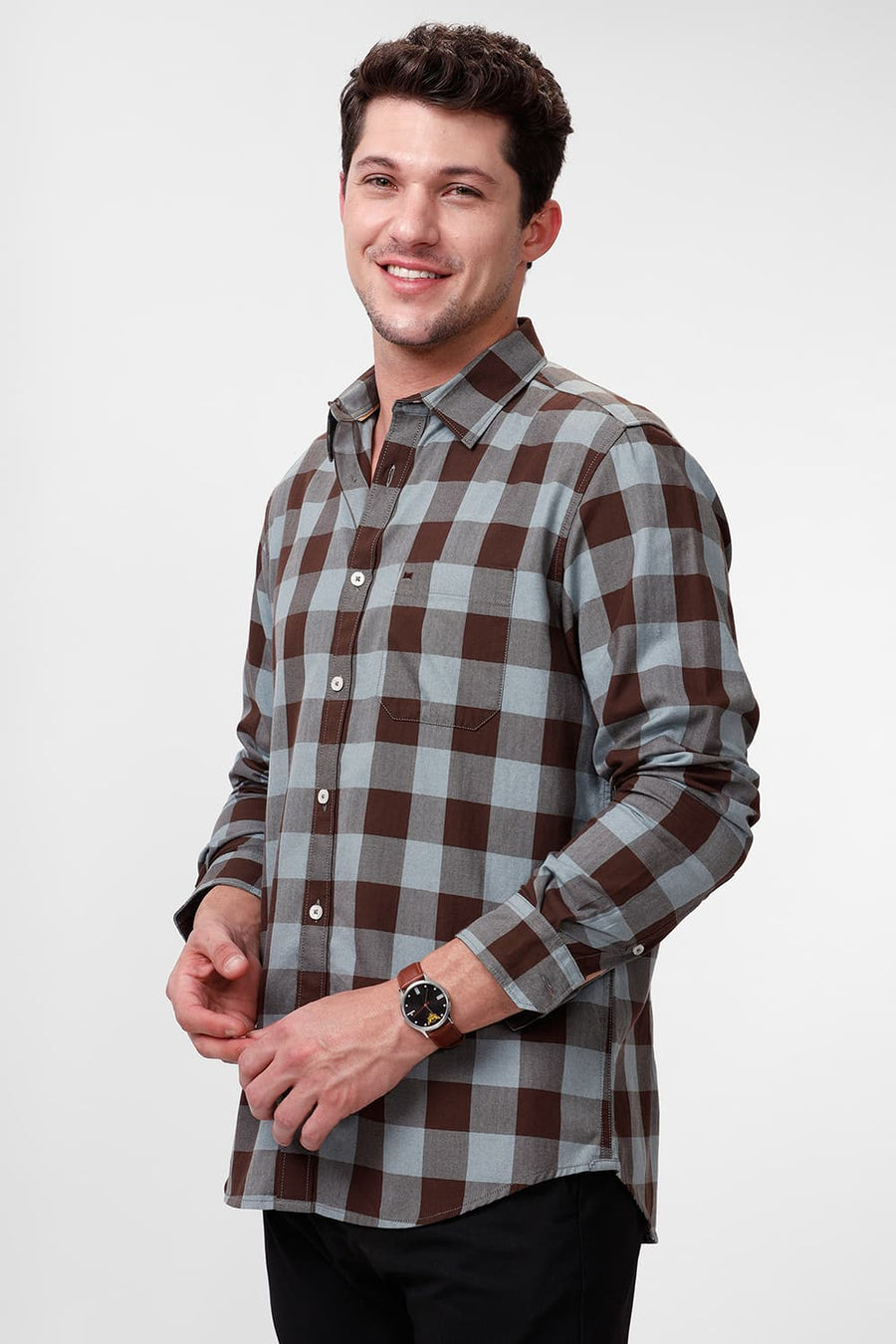 BASICS SLIM FIT CHESTNUT BROWN COTTON GRINDLE CHECKS SHIRT