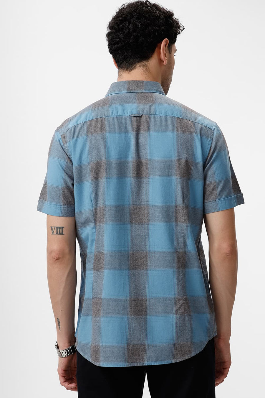 BASICS SLIM FIT HERITAGE BLUE COTTON GRINDLE CHECKS HALFSLEEVES SHIRT