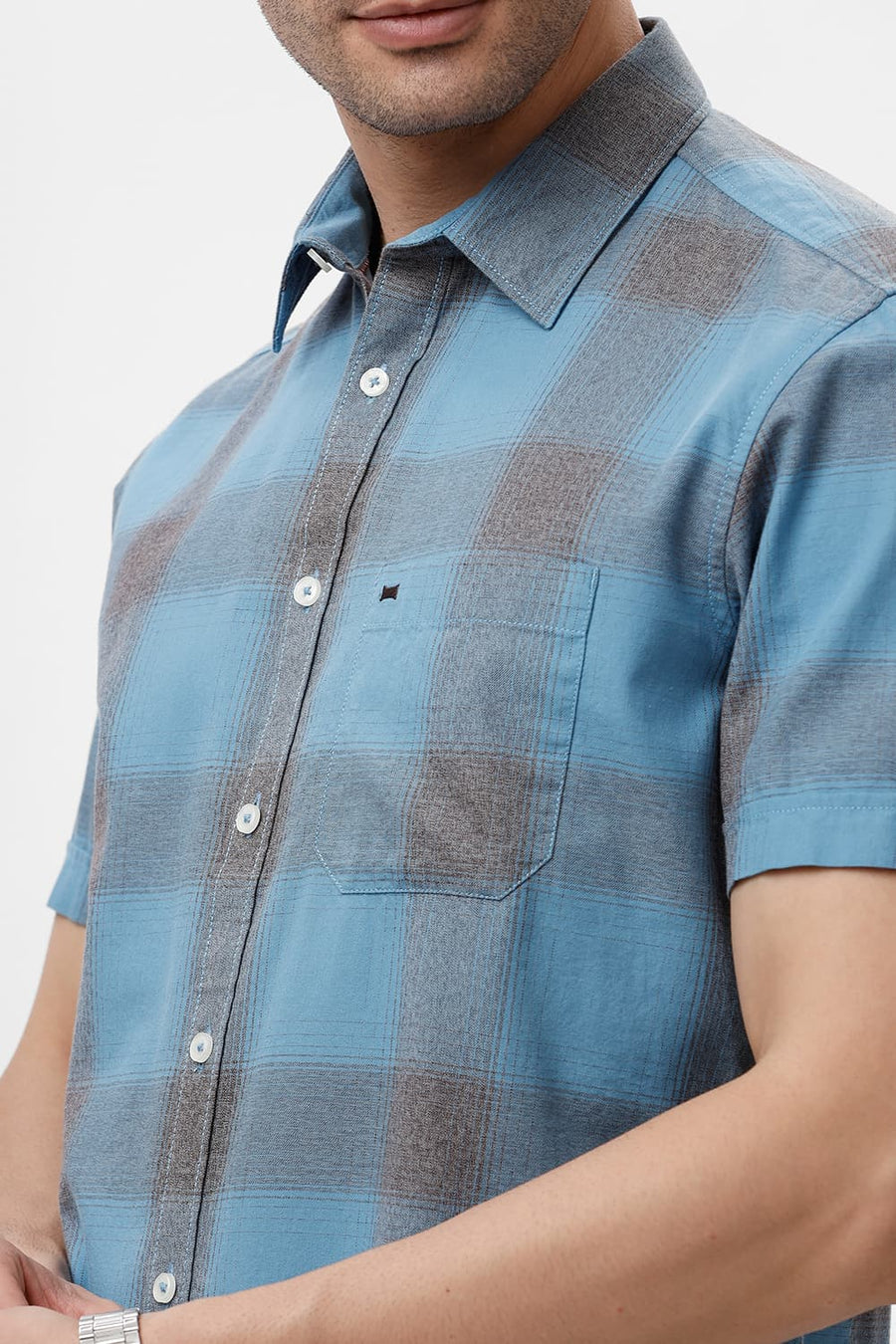 BASICS SLIM FIT HERITAGE BLUE COTTON GRINDLE CHECKS HALFSLEEVES SHIRT