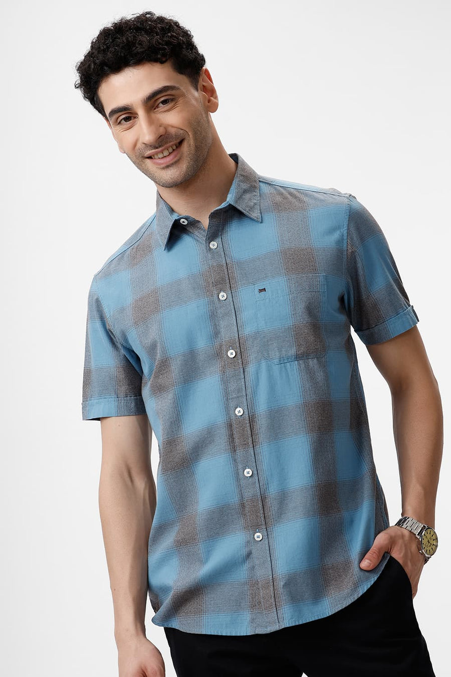 BASICS SLIM FIT HERITAGE BLUE COTTON GRINDLE CHECKS HALFSLEEVES SHIRT