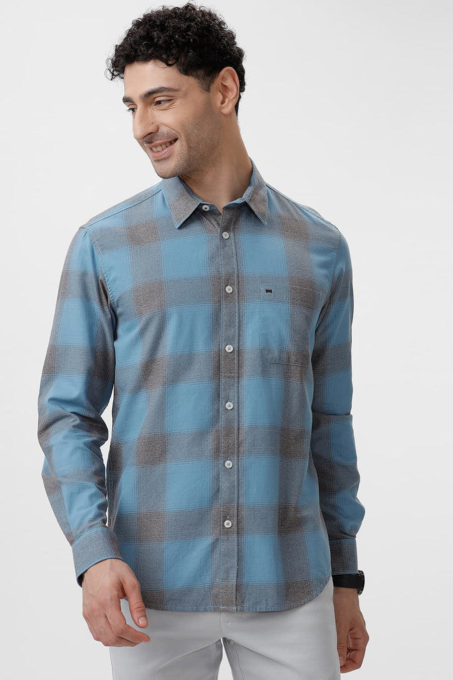 BASICS SLIM FIT HERITAGE BLUE COTTON GRINDLE CHECKS SHIRT