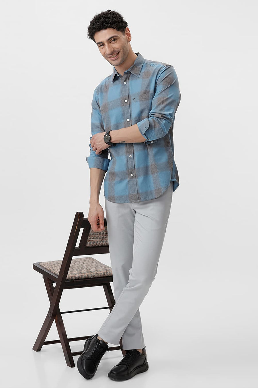 BASICS SLIM FIT HERITAGE BLUE COTTON GRINDLE CHECKS SHIRT