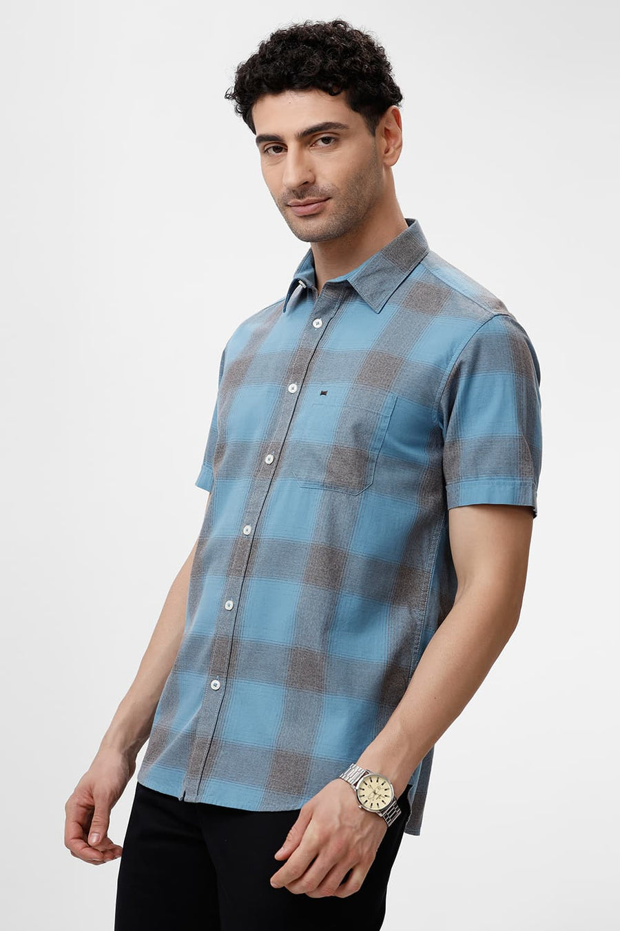 BASICS SLIM FIT HERITAGE BLUE COTTON GRINDLE CHECKS HALFSLEEVES SHIRT