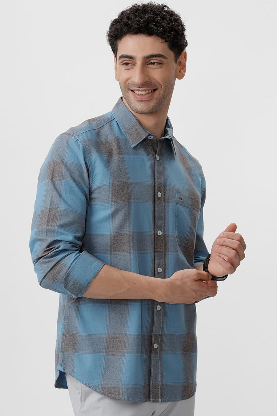 BASICS SLIM FIT HERITAGE BLUE COTTON GRINDLE CHECKS SHIRT