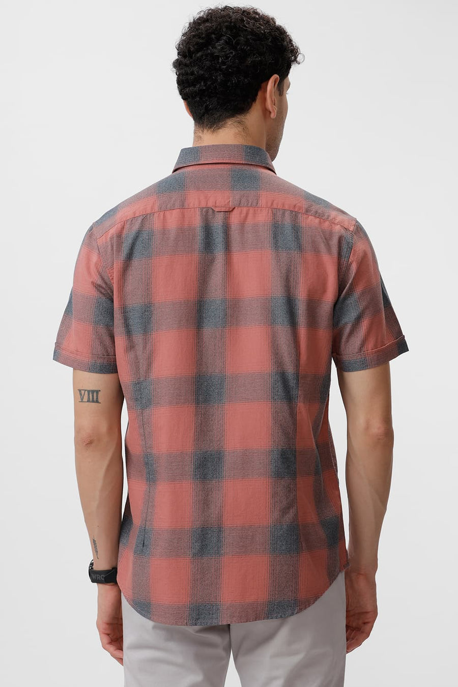 BASICS SLIM FIT BRICK DUST COTTON GRINDLE CHECKS HALFSLEEVES SHIRT