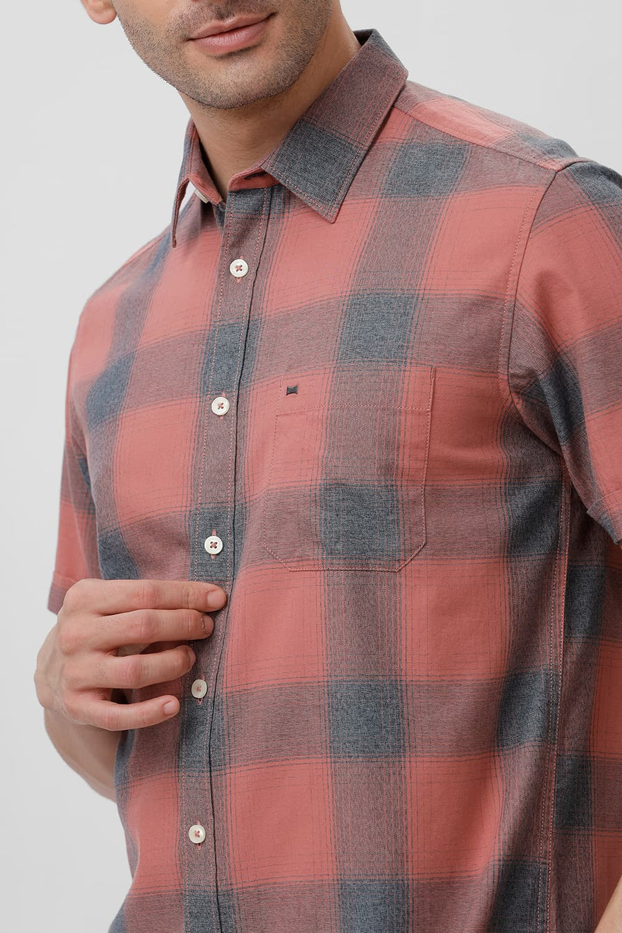 BASICS SLIM FIT BRICK DUST COTTON GRINDLE CHECKS HALFSLEEVES SHIRT
